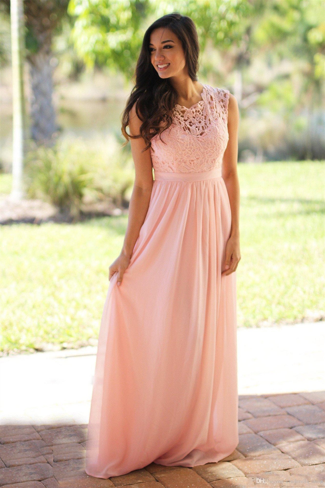 A-line Lace Bodice Long Pink Bridesmaid Dress – FancyVestido