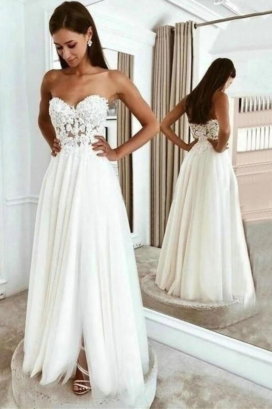 Elegant Sweetheart Long White Wedding Dress with Slit