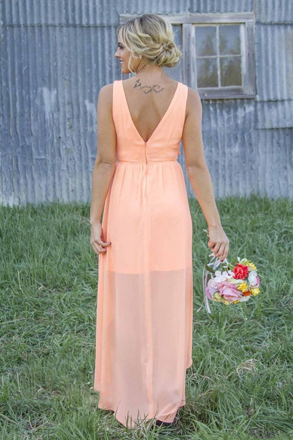 High Low Peach Long Bridesmaid Dress with Appliques FancyVestido High Low Peach Long Bridesmaid Dress with Appliques FancyVestido