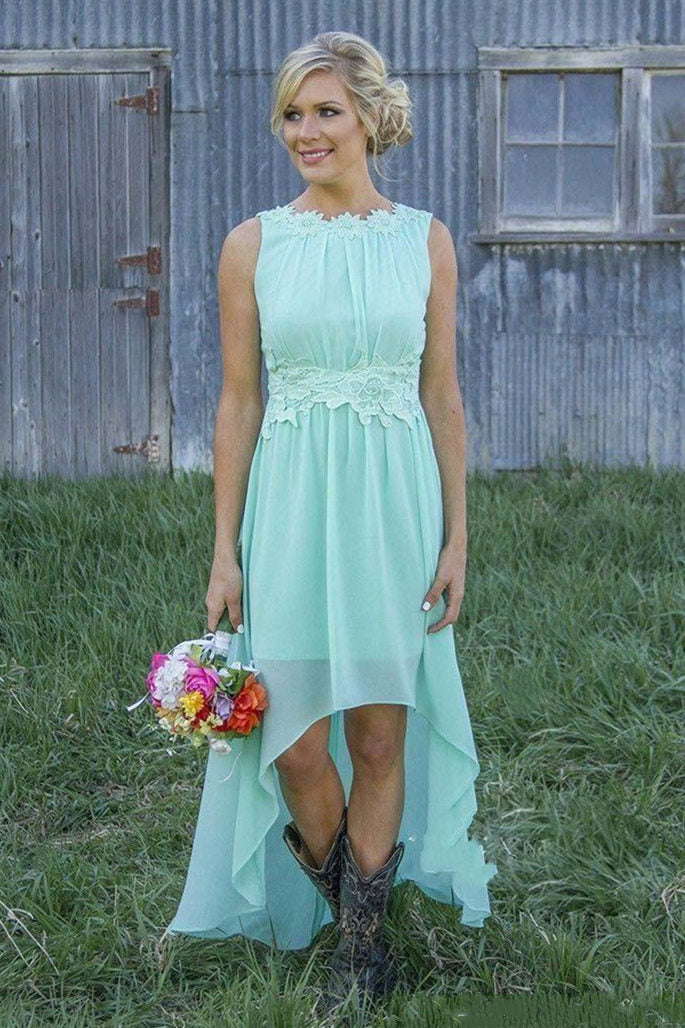 High Low Peach Long Bridesmaid Dress with Appliques – FancyVestido