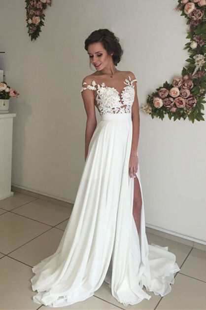 A-line Illusion Neck Long White Wedding Dress with Appliques
