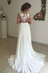 A-line Illusion Neck Long White Wedding Dress with Appliques