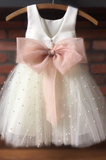 Cute Toddler White and Ivory Flower Girl Dress with Bowknot