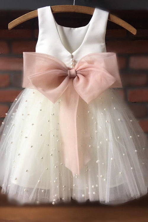 Cute Toddler White and Ivory Flower Girl Dress with Bowknot