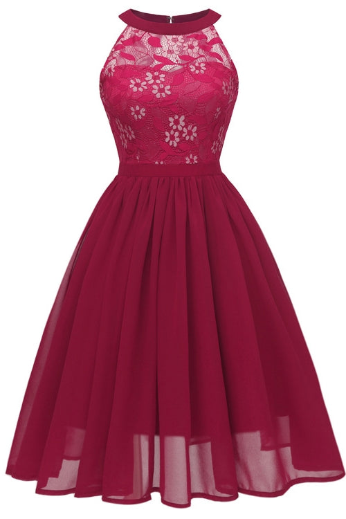 Crew Neck Lace Pink Short Party Dress