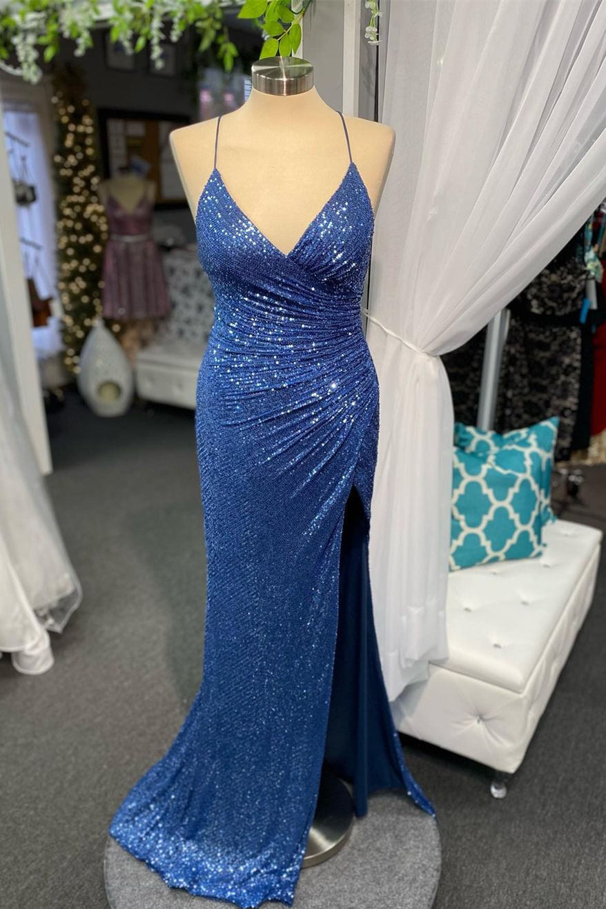 High Slit Blue Sequins Straps Mermaid Prom Dress  FancyVestido