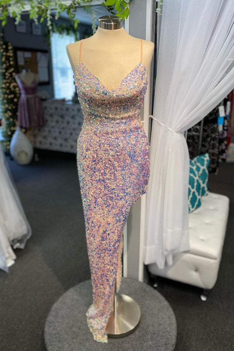 Crew Neck Long Pink Sequins Prom Dress with High Slit