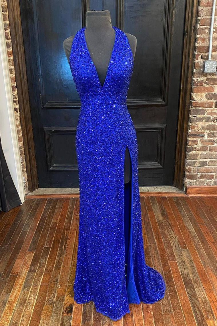 Backless Royal Blue Sequins Prom Gown with Slit - Main Image
