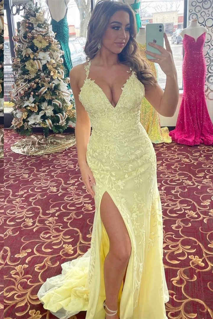 Elegant V-Neck Light Yellow long Prom Dress with Lace Appliques FancyVestido Elegant V-Neck Light Yellow long Prom Dress with Lace Appliques FancyVestido
