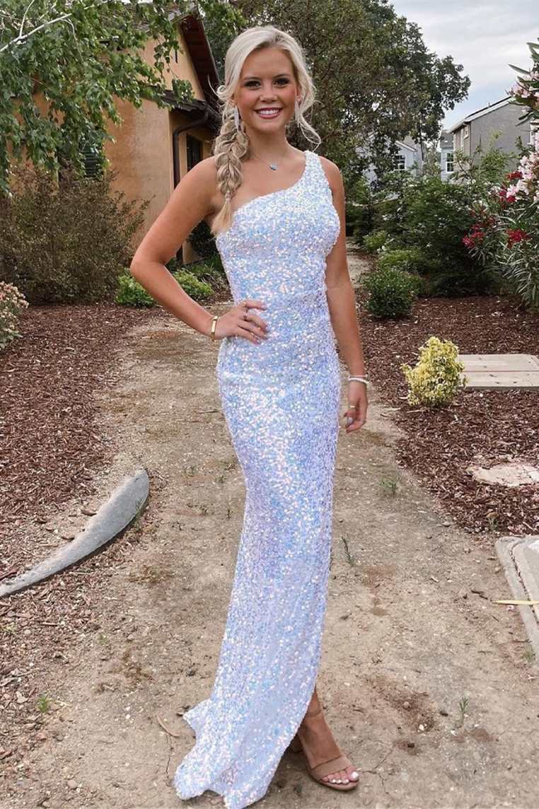 One Shoulder Side Slit White Sequins Long Prom Gown FancyVestido One Shoulder Side Slit White Sequins Long Prom Gown FancyVestido
