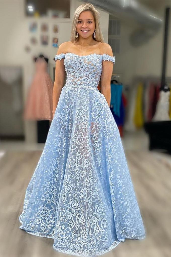 Off the Shoulder Blue Lace Prom Dress with Pockets  FancyVestido