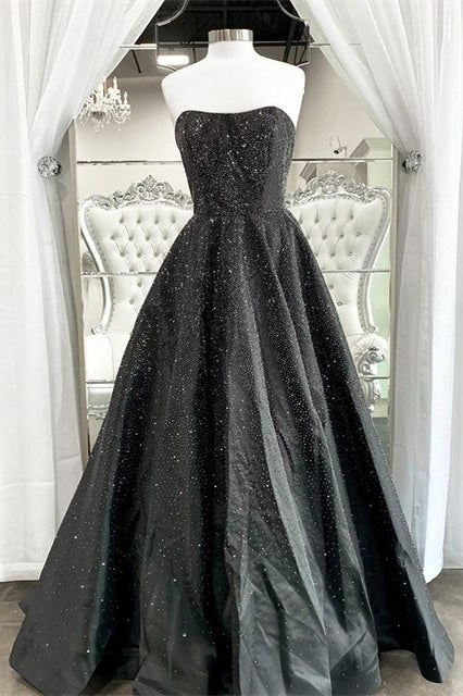 Elegant Strapless Black Long Prom Dress with Crystals