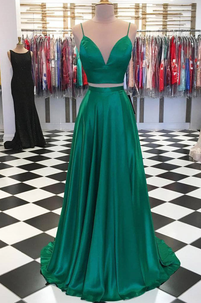 Two Piece A-Line Green Prom Dress with Bowknot Back