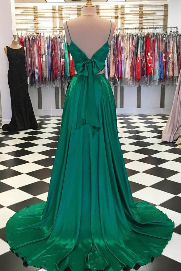 Two Piece A-Line Green Prom Dress with Bowknot Back FancyVestido Two Piece A-Line Green Prom Dress with Bowknot Back FancyVestido