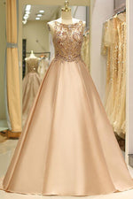 Scoop Champagne Beaded Floor Length Prom Gowns