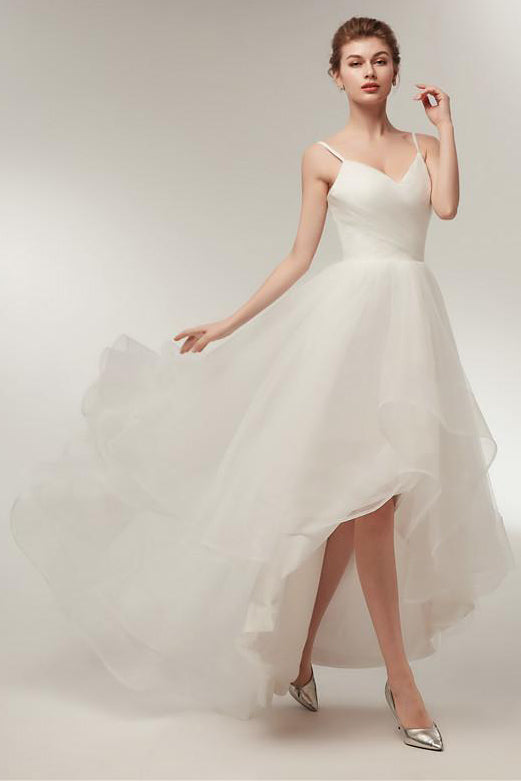 Spaghetti Strap High Low A-line Ivory Wedding Dress with Lace-Up