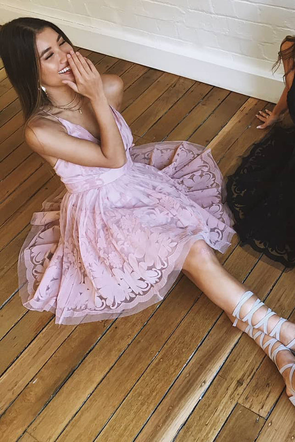 Cute Straps Pink Lace Homecoming Dress
