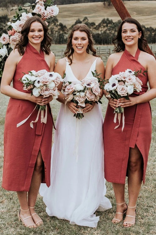 A-line Halter Tea-length Dark Coral Bridesmaid Dress with Belt