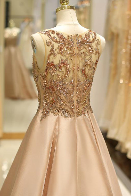 Scoop Champagne Beaded Floor Length Prom Gowns
