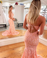 Halter Mermaid Lace Pink Long Prom Dress with Key Hole