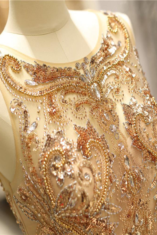 Luxury Sleeveless Sparkly Embroidery Satin Formal Prom Dress