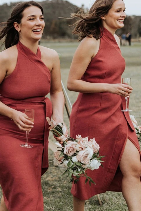 A-line Halter Tea-length Dark Coral Bridesmaid Dress with Belt