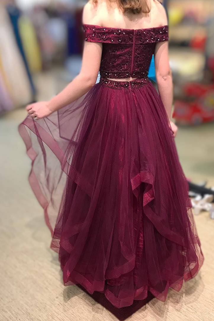 Two Piece Layered Off Shoulder Beaded Burgundy Prom Dress FancyVestido Two Piece Layered Off Shoulder Beaded Burgundy Prom Dress FancyVestido