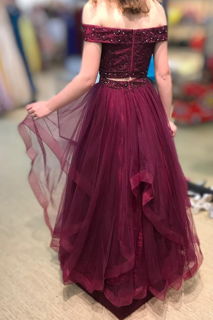 Two Piece Layered Off Shoulder Beaded Burgundy Prom Dress