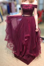 Two Piece Layered Off Shoulder Beaded Burgundy Prom Dress