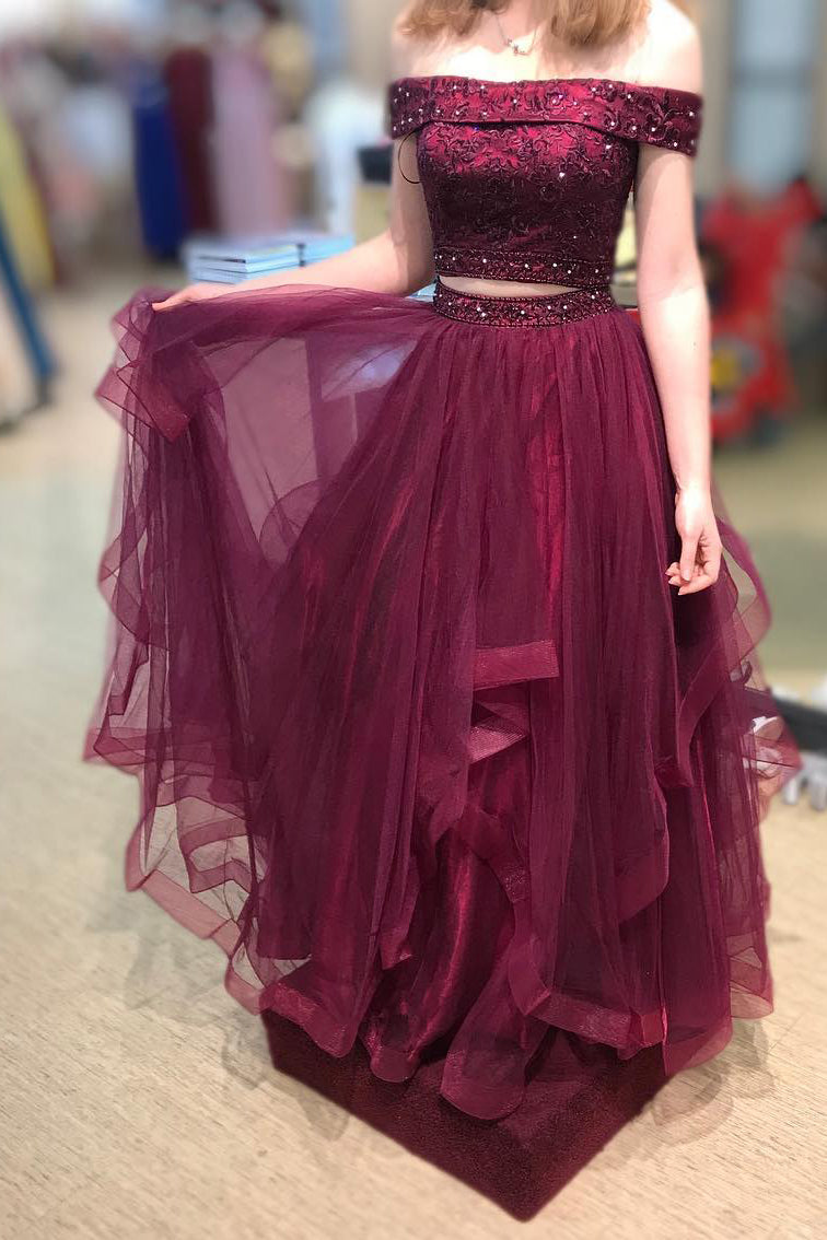 Two Piece Layered Off Shoulder Beaded Burgundy Prom Dress FancyVestido Two Piece Layered Off Shoulder Beaded Burgundy Prom Dress FancyVestido