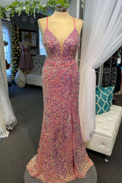 Straps Plunging Neck Long Sequins Prom Dress with Slit