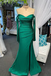 Off the shoulder Long Satin Emerald Green Prom Dress