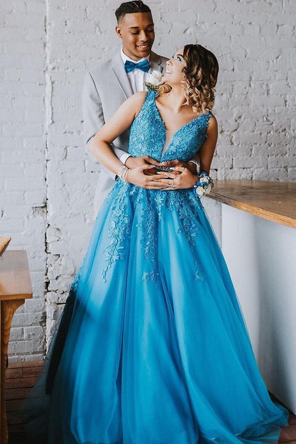 Sky Blue Deep V-Neck Floral Lace A-Line Evening Gown
