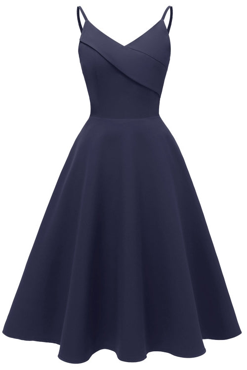 Spaghetti Straps Navy Blue Satin Party Dress