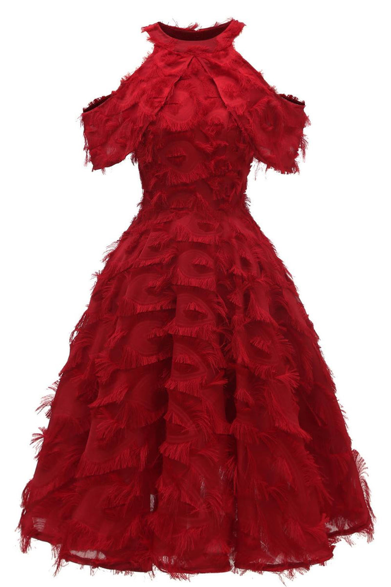 Vintage Off the Shoulder Red Fur Short Party Dress