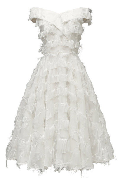 Off the Shoulder White Long Party Dress with Fur