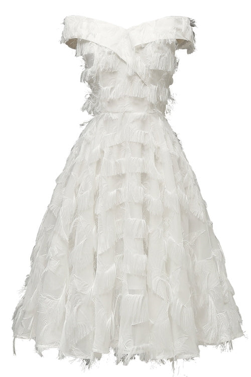 Off the Shoulder White Long Party Dress with Fur – FancyVestido