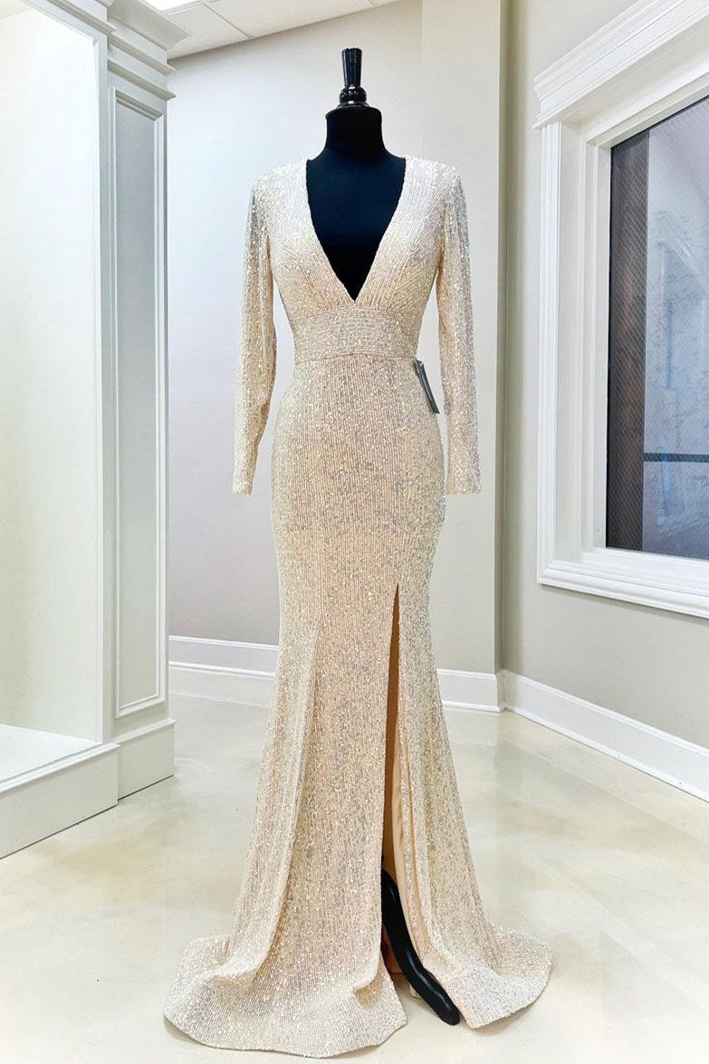 Plunging V-Neck Champagne Prom Dress with Long Sleeve