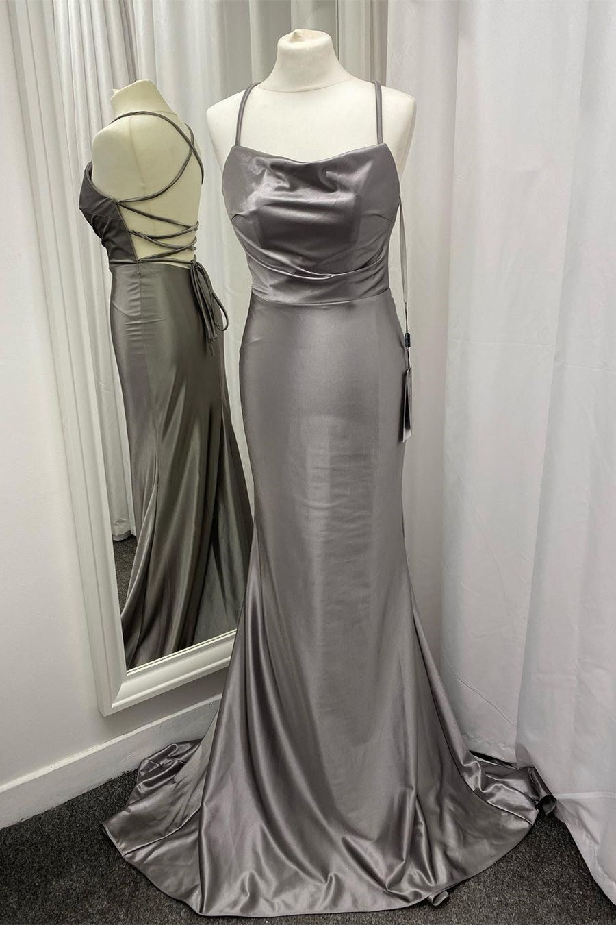 Criss Cross Back Grey Satin Long Prom Dress