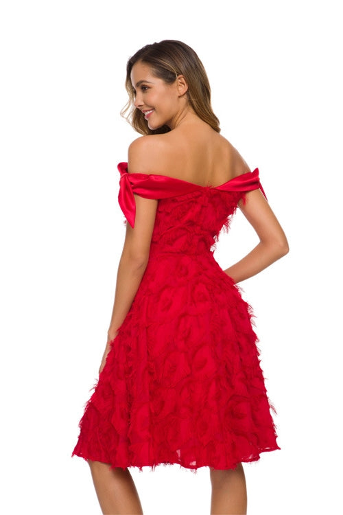 Elegant Off the Shoulder Red Short Party Dress with Tassel