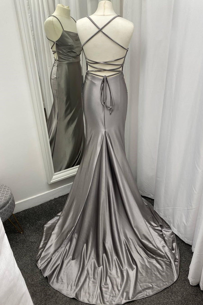 Criss Cross Back Grey Satin Long Prom Dress