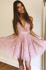 Cute Straps Pink Lace Homecoming Dress