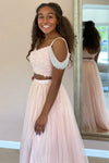 Two Piece Pearl Pink Cold Sleeve Long Prom Gown with Beaded Top