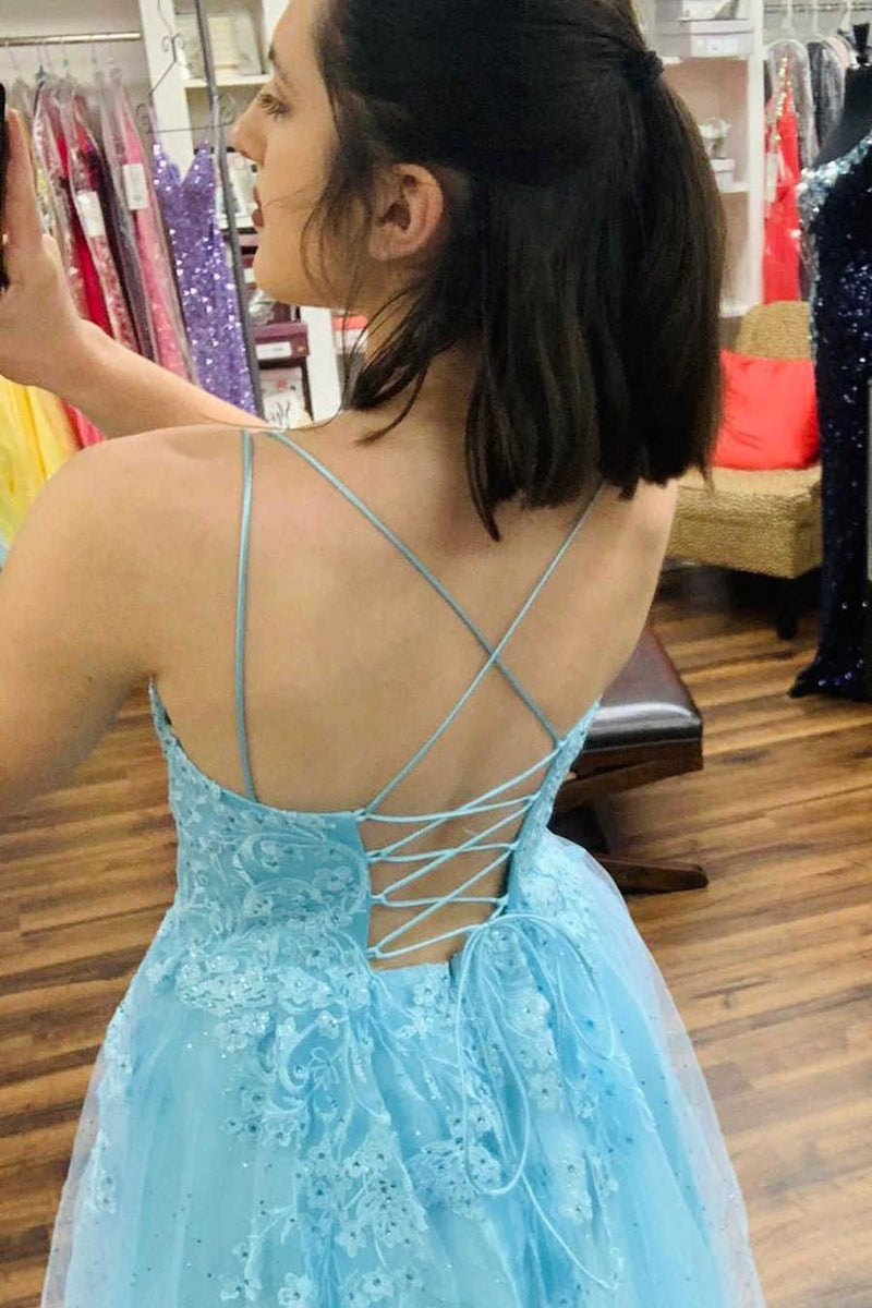 A-Line Straps Light Blue Long Prom Dress with Appliques