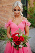 Off the shoulder Hot Pink Long Prom Dress