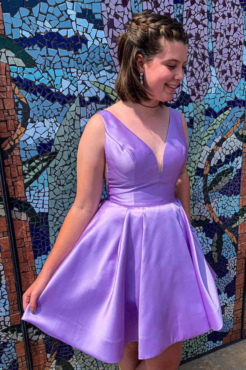 A-Line Lavender V-Neck Short Homecoming Dress