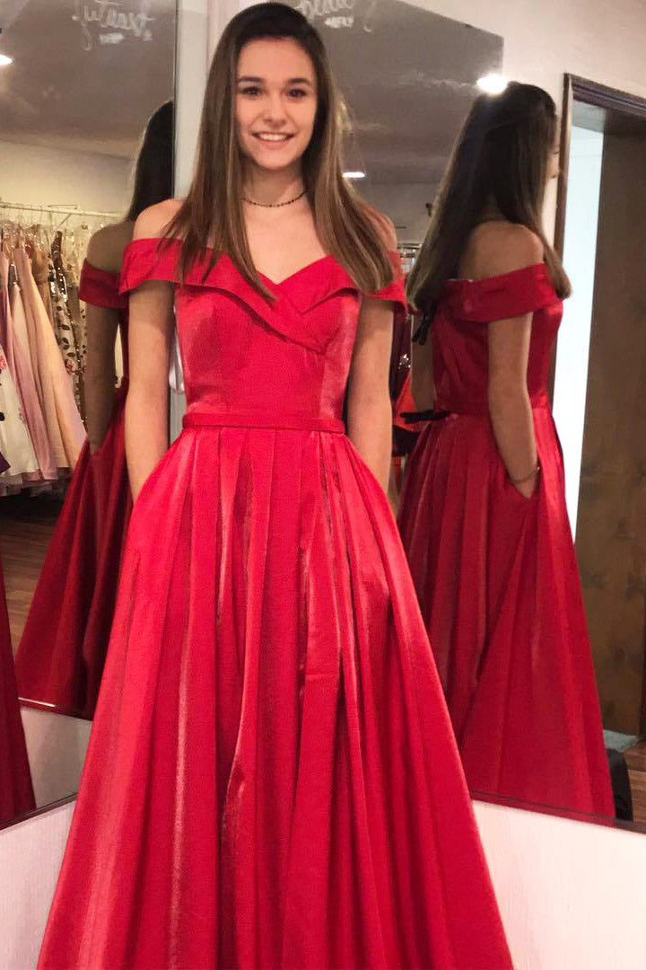 Elegant Red Long Prom Dress with Pockets