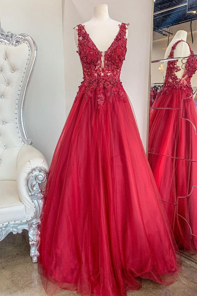 A-line Red Lace Appliques Long Prom Dress