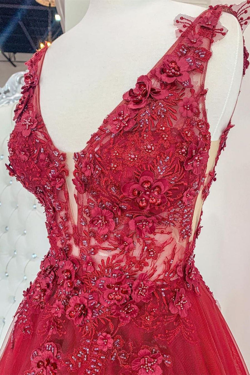 A-line Red Lace Appliques Long Prom Dress