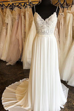 Boho Long Spaghetti Strap A-line Ivory Wedding Dress with Lace